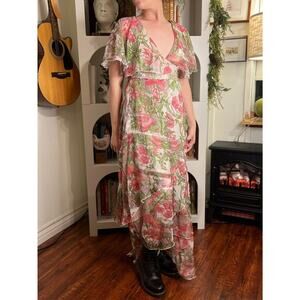 Asos‎ Womens Floral Maxi Faux Wrap Ruffle Dress Sz 2 Wedding Feminine Romantic